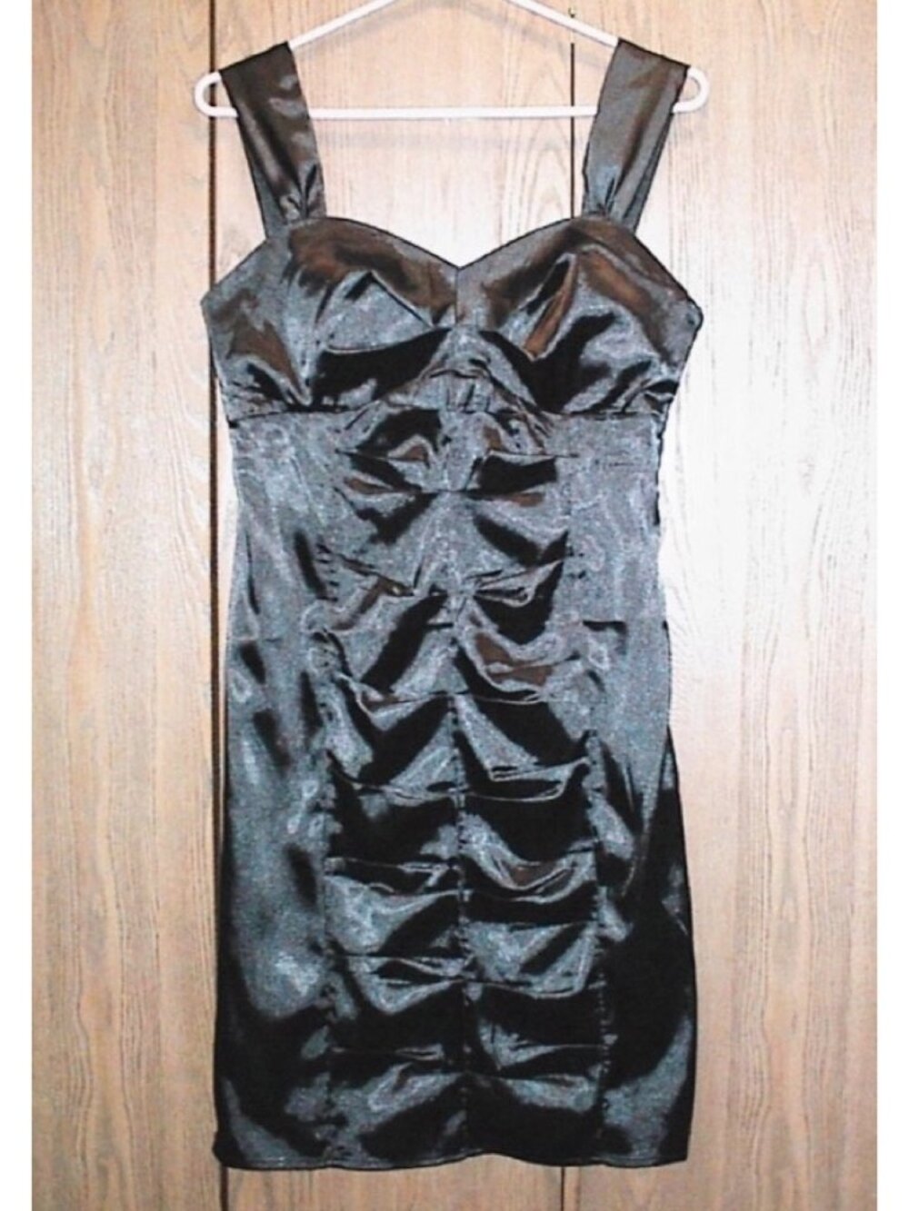 Satin Black Ruched Mini Dress with Wide Straps